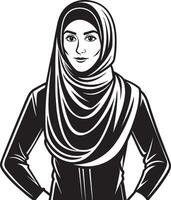 musulmán mujer en hiyab ilustración en negro y blanco colores. vector