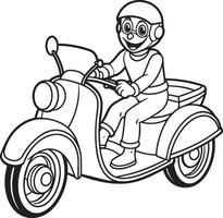 negro y blanco dibujos animados ilustración de niños montando motocicleta o scooter para colorante libro vector