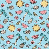 Hand drawn seamless tropical vacation pattern in a cute, retro design. Ideal for restaurant menus, packaging, summer beach touch vector
