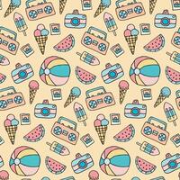 retro summer vibes with this colorful pattern featuring ice cream, beach balls, and tropical elements, doodle beach vacation texture vector