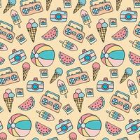 retro summer vibes with this colorful pattern featuring ice cream, beach balls, and tropical elements, doodle beach vacation texture vector