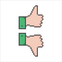 icons in pixel art style, retro style icons, squares. hand icon, like and dislike, thumbs up fnd down vector