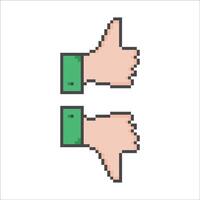 icons in pixel art style, retro style icons, squares. hand icon, like and dislike, thumbs up fnd down vector