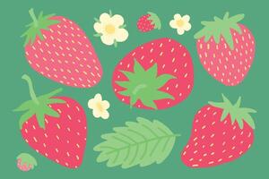 ilustración de fresas, flores, y hojas en un verde antecedentes. vibrante y vistoso, Perfecto para temas de fresco, sano comiendo, verano, y naturaleza. ideal para decoraciones, creativo proyectos vector