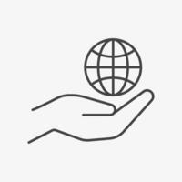 Human hand holds planet Earth line icon. Ecological movement and responsibility for nature concept. illustration vector