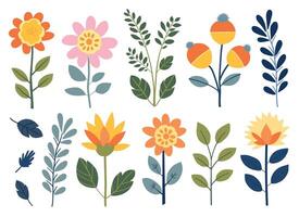 A collection of colorful, flat design floral illustrations featuring various flowers and leaves. This vibrant and whimsical set for creative and and decorative projects. vector