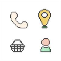 icons in pixel art style, icons in retro style, squares, telephone receiver, label, basket, man vector