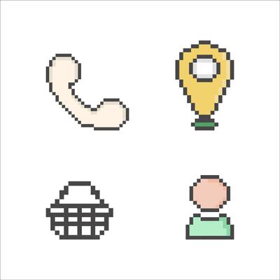 icons in pixel art style, icons in retro style, squares, telephone receiver, label, basket, man