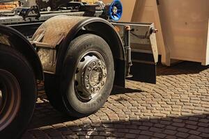 Rovigo Italy 29 july 2022 Wheel of a truck in the street photo