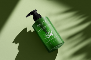 Shampoo bottle mockup on textured shaded surface psd