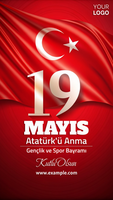 The Commemoration of Ataturk, Youth and Sports Day A red and white flag with a star and the number 19 on it psd