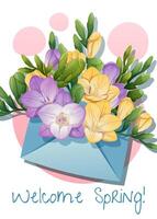 saludo tarjeta modelo con primavera flores en un sobre. póster, bandera con fresia Hola primavera. ilustración de delicado flores en dibujos animados estilo para tarjeta, invitación, fondo, etc vector