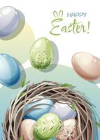 Easter greeting card template. Poster with Easter eggs in a nest. Spring cute holiday illustration. It s spring time vector