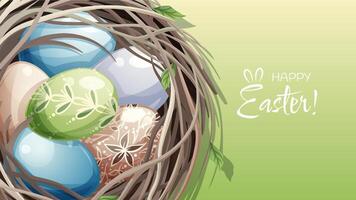 Easter poster and banner template with Easter eggs in a nest on a green background. Spring illustration. Congratulations and gifts for Easter in cartoon style. vector