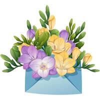 Envelope with freesia on an isolated background. Spring floral illustration. Delicate bouquet for decoration, design, cards, invitations, etc. vector