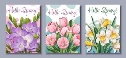 Tres tarjetas presentando flores con Hola primavera en hermosa fuente diseños vector