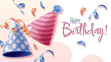 Happy Birthday greeting banner and poster design Happy birthday design for greeting cards and poster with party cap and confetti. Background, banner template for birthday celebration. vector