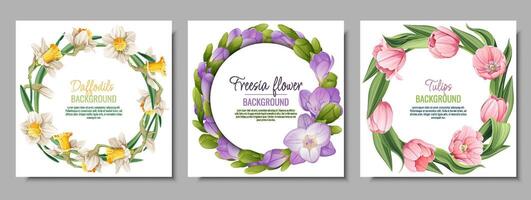 conjunto de coronas con primavera flores tarjeta postal, póster con tulipanes, narcisos, fresia ilustración de delicado flores en dibujos animados estilo para tarjeta, invitación, fondo, etc. vector