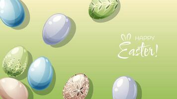 Easter poster and banner template with Easter eggs on a green background. Spring illustration. Congratulations and gifts for Easter in cartoon style vector