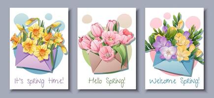 conjunto de saludo tarjeta plantillas con primavera flores póster, bandera con fresia, narcisos, tulipanes vector