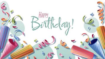 Happy Birthday greeting banner and poster with crackers, popper, confetti. Background, banner template for birthday celebration. vector