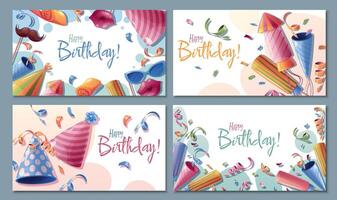 Set of Happy Birthday banners and posters with party cap, photo booth accessories and confetti. Background, banner template for birthday celebration vector