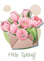 saludo tarjeta modelo con primavera flores en un sobre. póster, bandera con tulipanes Hola primavera. ilustración de delicado flores en dibujos animados estilo para tarjeta, invitación, fondo, etc vector