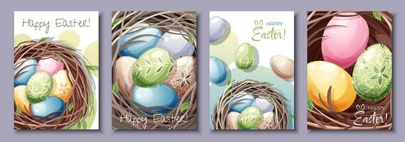 Set of greeting cards for Easter. Poster, banner with Easter eggs in the nest. Spring time vector