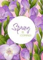 Greeting card template with spring flowers. Banner, poster with purple freesia. illustration of delicate flowers in cartoon style for card, invitation, background, etc. vector