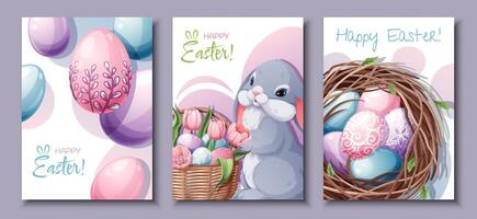 Set of greeting cards for Easter. Poster, banner with Easter bunny and eggs in the nest. Spring time vector