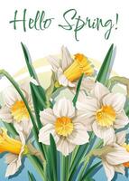 Greeting card template with spring flowers. Banner, poster with daffodils. Easter illustration of delicate flowers in cartoon style for card, invitation, background, etc. vector