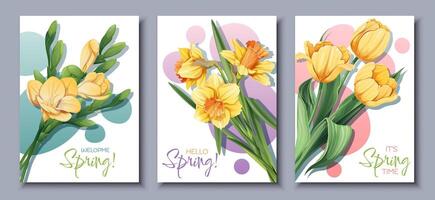 un conjunto de Tres tarjetas con amarillo flores y el palabras primavera vector