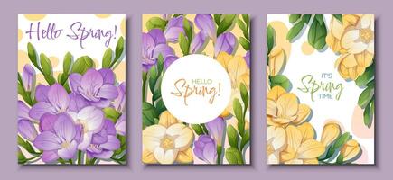 conjunto de saludo tarjeta plantillas con primavera flores bandera, póster con púrpura y amarillo fresia ilustración de delicado flores en dibujos animados estilo para tarjeta, invitación, fondo, etc. vector