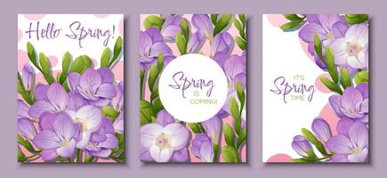 Set of greeting card templates with spring flowers. Banner, poster with purple and yellow freesia. illustration of delicate flowers in cartoon style for card, invitation, background, etc. vector