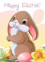 Easter greeting card template. Poster with Easter bunny, eggs and daffodil. Spring cute holiday illustration vector