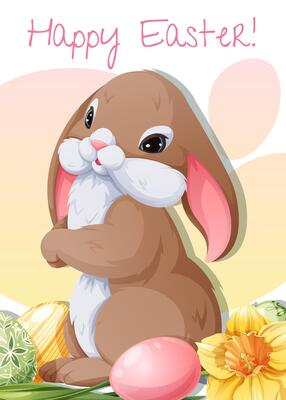 Easter greeting card template. Poster with Easter bunny, eggs and daffodil. Spring cute holiday illustration