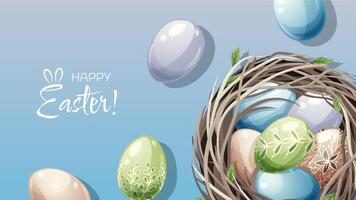 Easter poster and banner template with Easter eggs in a nest on a blue background. Spring illustration. Congratulations and gifts for Easter in cartoon style. vector