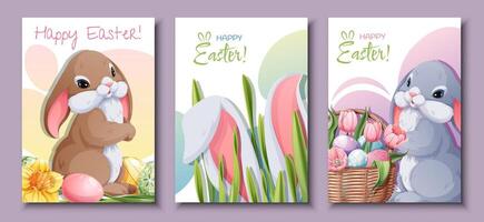 conjunto de saludo tarjetas para Pascua de Resurrección. póster, bandera con Pascua de Resurrección conejito y huevos. primavera tiempo. vector
