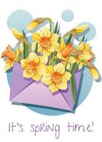 saludo tarjeta modelo con primavera flores en un sobre. póster, bandera con narcisos Hola primavera. ilustración de delicado flores en dibujos animados estilo para tarjeta, invitación, fondo, etc vector