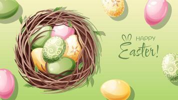 Easter poster and banner template with Easter eggs in a nest on a green background. Spring illustration. Congratulations and gifts for Easter in cartoon style. vector
