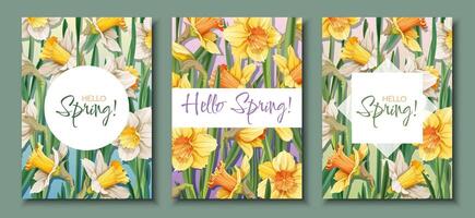 Set of Greeting card templates with spring flowers. Banner, poster with daffodils. Easter illustration of delicate flowers in cartoon style for card, invitation, background, etc. vector