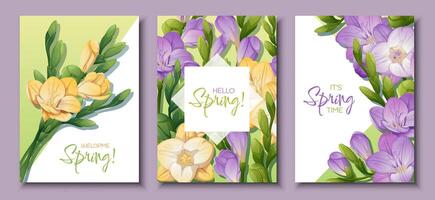 conjunto de saludo tarjeta plantillas con primavera flores bandera, póster con púrpura y amarillo fresia ilustración de delicado flores en dibujos animados estilo para tarjeta, invitación, fondo, etc. vector