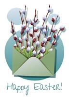 Easter greeting card template. Poster, banner with pussy willow branches in an envelope. Hello Spring. illustration in cartoon style for card, invitation, background, etc. vector