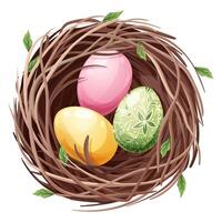 pájaro s nido con Pascua de Resurrección huevos en un blanco antecedentes. primavera ilustración para decoración, diseño. primavera hora vector