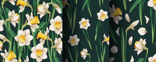 Set of seamless patterns with spring flowers. Texture with daffodils and petals. graphics. Easter background. Great for wallpaper, fabric, cards. vector