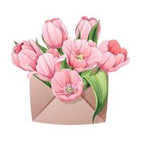 Envelope with tulips on an isolated background. Spring floral illustration. Delicate bouquet for decoration, design, cards, invitations, etc vector