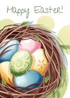 Easter greeting card template. Poster with Easter eggs in a nest. Spring cute holiday illustration. It s spring time vector