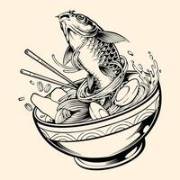 Japanese Ramen Koi line art vector