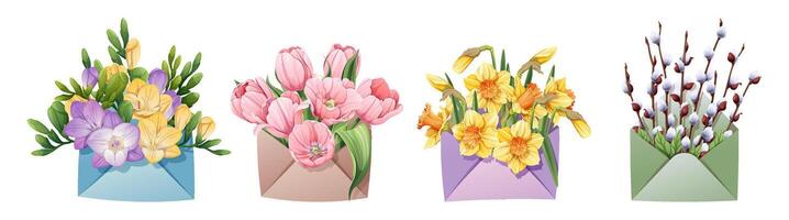 sobre con coño sauce, tulipanes, narcisos y fresia en un aislado antecedentes. primavera ilustración. contento Pascua de Resurrección. delicado ramo de flores para decoración, diseño, tarjetas, invitaciones, etc. vector