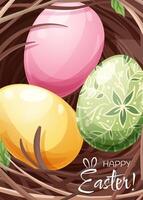 Easter greeting card template. Poster with Easter eggs in a nest. Spring cute holiday illustration. It s spring time vector